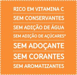 Sem glúten - Sem conservantes - Sem adição de água - Sem adição de açúcares* - Sem adoçantes - Sem corantes - Sem aromatizantes